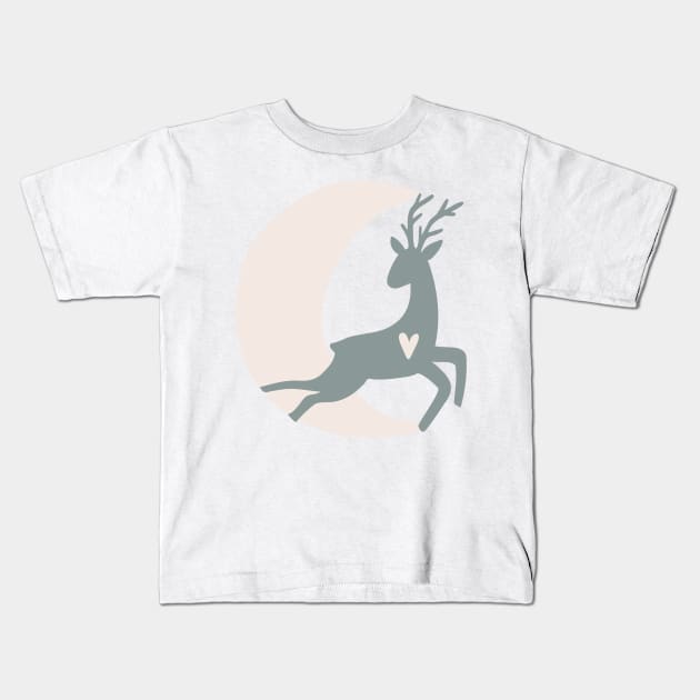 Crescent Moon and Deer With Wild Flowers in Putty and Sage Boho Nursery Colors Kids T-Shirt by penandbea